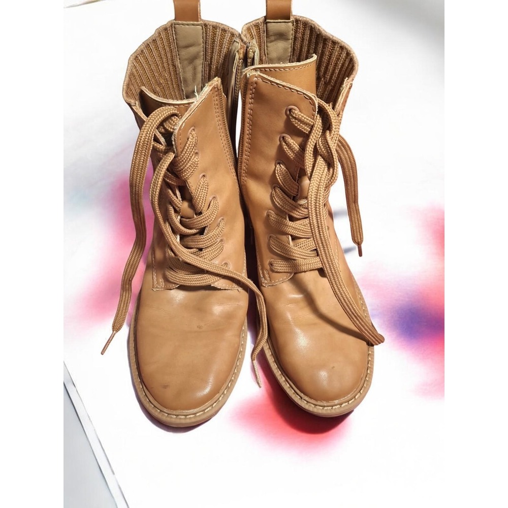 Zara Combat Boots Kids Size 10 Tan EUC Lace Up Side Zip Faux Leather Kids Shoes